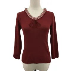 レストローズ L'EST ROSE カットソー ニット Vネック プルオーバー リボン レース 刺繍 ウール 七分袖 M 赤 レッド