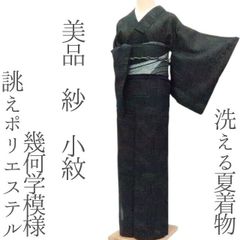 超特価！ 夏着物 絽紗 正絹 小紋 色無地 フルセット 黒緑 バチ衿 柄