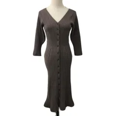 ココディール COCO DEAL ワンピース ニット Iライン ロング Vネック リブ 無地 七分袖 2 茶 ブラウン