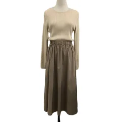 ナチュラルビューティーベーシック NATURAL BEAUTY BASIC ワンピース フレア ロング ドッキング 切替 ニット ウエスゴム 長袖 M ベージュ 茶 ブラウン