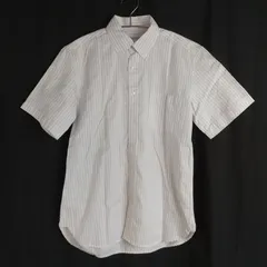 M1-02950【Mens】 MITSUMINE(ミツミネ) Yシャツ (L) /白×黒×薄紫 ストライプ柄 ネックと表左中央(ボタン近く)にシミ有 K-夏のサムネイル