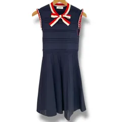 SANDRO サンドロ ノースリーブリボンワンピース カギ編みサマーニット素材 ひざ丈 フリルディテール フィット＆フレア リボンタイ お呼ばれ お出掛け着 ネイビー 34 XSサイズ レディース 夏 ゴーゴー古着セントラルパーク名古屋店No.2069のサムネイル