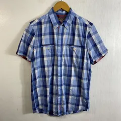 Ben Sherman ベンシャーマン BD ボタンダウン 半袖 シャツ チェック ロゴ 刺繍 胸ポケット ブルー系 S D470のサムネイル