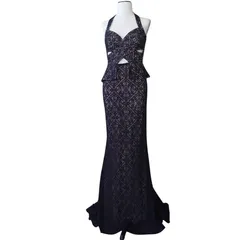 美品 BCBGMAXAZRIA カットアウト ペプラム 総レース ロングドレス ブラック 黒 洗える