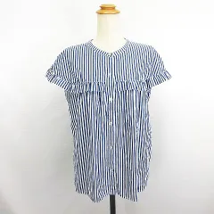 エニィスィス エニシス anySiS ブラウス シャツ 半袖 キャップスリーブ バンドカラー ストライプ フリル 2 ネイビー×ホワイト ※EKM