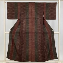 単衣 小紋 柿渋染 丹後ちりめん 正絹 中古 茶 ろうけつ染 №ymk0090