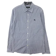 BURBERRY BLACK LABEL バーバリーブラックレーベル 長袖シャツ ストライプ柄 ホースロゴ刺繍 コットン ボタンダウン チェック柄裏地 トップス ネイビー 2【M】 メンズ 【中古】