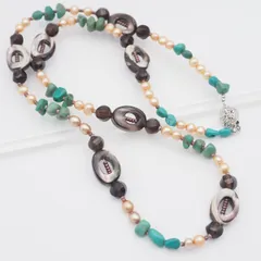 V326 シェル ターコイズ トルコ石 SILVER刻印 ネックレス 淡水真珠 パール スモーキークォーツ デザイン シルバー 6月 12月誕生石