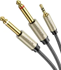 UGREEN 3.5mm to 6.35mm*2 変換オーディオケーブル 変換ステレオミニプラグ 6.35mm 2分配ケーブル オス-オス HIFI 高耐久性ナイロン編み HIFI音質 24K金メッキ コネクター スマホ/PC/CDプレーヤー/スピーカー/