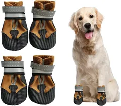 犬 靴 脱げない 履かせやすい 犬の靴 散歩用 滑り止め 反射テープ付き ソフト ドッグシューズ ドッグブーツ 肉球ケア 足舐め防止 汚れ防止 小型犬 中型犬 大型犬用 ４個入り (ブラウン, M)