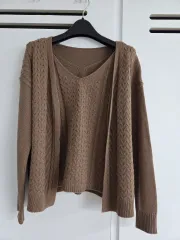 ブラウン ケーブル ノースリーブ カーディガン セット