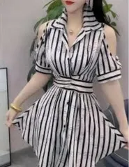 肩出しミニ丈ワンピースシャツワンピストライプウエストリボン着痩せ魅力的8441