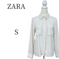 【極美品】ZARA ザラ ステッチ ワークシャツ ブラウス S ホワイト 白 長袖 配色ステッチ 比翼仕立て 胸ポケット カジュアル キレイめ オフィス 春服 秋服 レディース トップス 完売品 人気モデル トルコ製