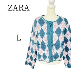 ZARA ザラ アーガイル ニット カーディガン L 青 白 ピンク 総柄 レディース トップス 羽織り 長袖 ゆったり 派手カワ カジュアル 韓国ファッション 映え クロップド丈 レトロ かわいい おしゃれ