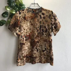 美品✨ インポートアンドセレクト import ＆ select 半袖 カットソー 総柄 ブラウン 茶色 ベージュ ブラック ビーズ装飾 ラインストーン クルーネック 丸首 薄手 平成 レトロ y2k ヴィンテージ風のサムネイル