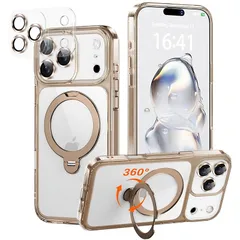 【新品】 iPhone 17 Pro Max 用 ケース【極限の透明感と保護力】 4in1 カメラ保護一体/MagSafe対応/360度回転スタンド/ストラップホール穴付き 縦横両対応 黄ばみ防止 ワイヤレス充電対応 耐衝撃 カメラフィルム マグネット搭載 0