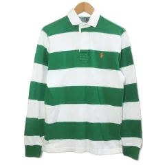 ポロ バイ ラルフローレン Polo by Ralph Lauren ラガーシャツ 長袖 ボーダー ポニー刺繡 カスタムフィット XS 白×緑 IBO92 /X