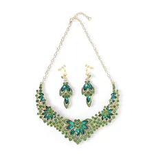 【新品】 [ＫＫ　Ｓｏｌｉｓ] フラワーモチーフ ゴージャスネックレス＆イヤリング大ぶり 豪華 高見えビジューアクセサリー 結婚式 二次会 パーティー 演奏会 発表会 舞台映え ドレスアップ (エメラルドグリーン)