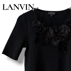 LANVIN COLLECTION ランバンコレクション ニット 40 L レディース ブラック 黒 イタリア製糸 ウール100% 日本製 立体 フラワーモチーフ 花 ベルベットリボン 半袖 五分袖 トップス 高級 婦人服 美品 0001397OC