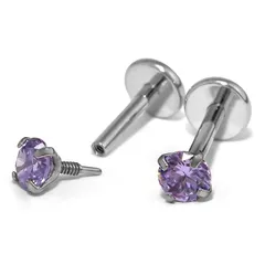 【新品】 [凛りん] ピアス 金属アレルギー対応 つけっぱなし 立爪ジュエル ステンレス 両耳用 2個セット (18G・8mmx2mm/シルバー・パープル)