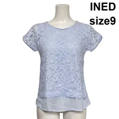 ◇ イネド INED 総レースブラウス シャツ 半袖 プルオーバー シアー 花柄 レイヤード風 パステルブルー 綿混 9 M 9号 レディース S6D447
