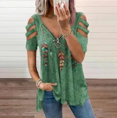 【グリーン】トップス レディース 半袖 肩開き 肩出し カットアウト Vネック プリント 体型カバー ゆったり おしゃれ カジュアル 夏
