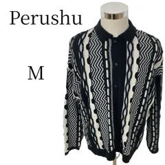 Perushu ペルーシュ 襟付きニット カーディガン M 黒 白 総柄 3Dニット風 ジグザグ 編み地 切り替え 厚手 オーバーサイズ ビッグシルエット クージー風 古着 ストリート アクリル100%のサムネイル