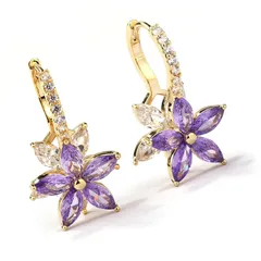 【新品】 COOCY 紫の水晶花ジルコニアシンプル デザイン リングピアス レディース フープシンプルデザイン人気 金属アレルギー対応可愛い ピアス 18金つけっぱなし ゆれるearrings