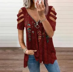 【レッド】トップス レディース 半袖 肩開き 肩出し カットアウト Vネック プリント 体型カバー ゆったり おしゃれ カジュアル 夏