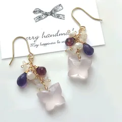 バタフライカットのローズクォーツetc.ピアス