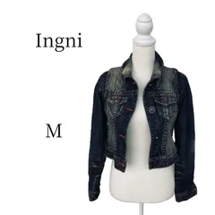 イングINGNIデニムジャケット Gジャン M インディゴ ショート丈 クロップド丈 ヴィンテージ加工 ダメージ加工 赤ステッチ 綺麗め カジュアル 春服 秋服 レディース