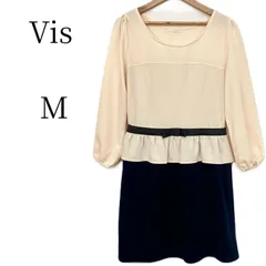 Vis ビス バイカラー ドッキング ワンピース M 7分袖 膝丈 ベージュ 紺 ネイビー ペプラム 異素材 チュニック リボン 大人可愛い オフィスカジュアル きれいめ 春 秋 冬 裏地あり レディース