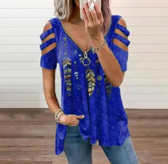 【ブルー】トップス レディース 半袖 肩開き 肩出し カットアウト Vネック プリント 体型カバー ゆったり おしゃれ カジュアル 夏