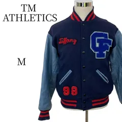 98年製 スタジャン 紺×水色 切替 ウールワッペン 刺繍 アメカジ 古着 ストリート メンズM アウター 1990s 90s バイカラー