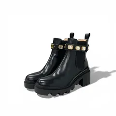 グッチ GUCCI ブーツ ショートブーツ 靴 シューズ レザー ブラック 黒 未使用 ダブルG ビジュー ベルト サイドゴア GGマーモント