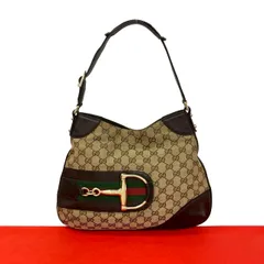 極 美品 GUCCI グッチ シェリーライン GG ロゴ ホースビット 金具 キャンバス レザー 本革 セミ ワン ショルダーバッグ ブラウン 35554