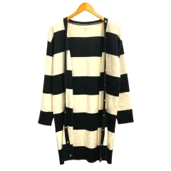 オットー OTTO ロングカーディガン ボーダー ボタンレス ウール混 長袖 L 黒 ブラック 白 アイボリー