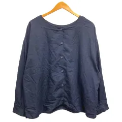 ジーユー GU シャツ ブラウス ノーカラー 長袖 無地 L 紺 ネイビー