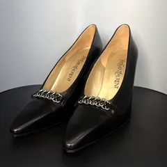 極美品 イヴサンローラン YSL Yves Saint Laurent パンプス ポインテッドトゥ チェーン レザー 37 24cm ブラック 黒