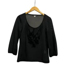 ミッシェルクラン MICHEL KLEIN ブラウス 七分袖 クルーネック 無地 フリル FMKDA-29130 38 黒 ブラック