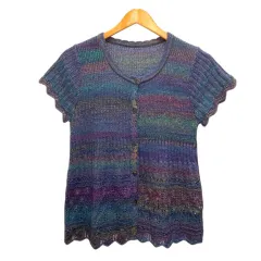 ファーストベル firstbell ニットカーディガン クルーネック ウール混 モヘア混 半袖 M~L 青 ブルー マルチカラー