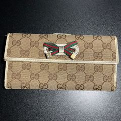 GUCCI グッチ GGキャンバス 長財布 ベージュ ブラウン リボン レディー