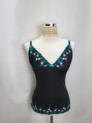 ヴィンテージ ムード ターコイズ フラワー 刺繍 ブラック キャミソール