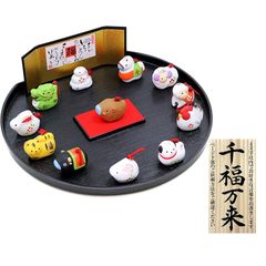 十二支升飾り 縮緬座布団 正月セット 祝い席 祝杯 酒杯 盃分 漆調 千福
