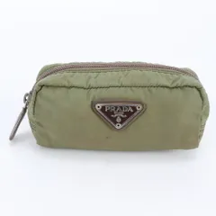 美品 プラダ テスート ナイロン トライアングルロゴ レザー カーキ ポーチ レディース RNM DV31-5【中古】