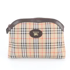 美品 バーバリー ノバ チェック レザー キャンバス ポーチ ブラウン 茶色 ハンド バッグ レディース RNM DV12-9【中古】