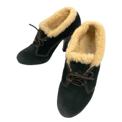 ロートレショーズ L'Autre Chose パンプス ショートブーツ スエード ボア レースアップ 38 黒 ブラック 茶 ブラウン