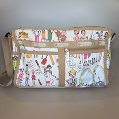 LeSportsac 人物イラスト ショルダーバッグ／ 総柄 軽量 ベージュ ホワイト