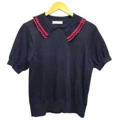 チャイルドウーマン CHILD WOMAN ポロニット サマーニット カットソー 半袖 薄手 F 紺 ネイビー 赤 レッドのサムネイル