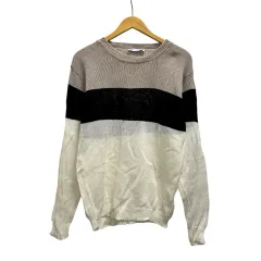 LO not EQUAL ニット セーター 長袖 クルーネック ボーダー ベージュ 黒 ブラック 白 ホワイト